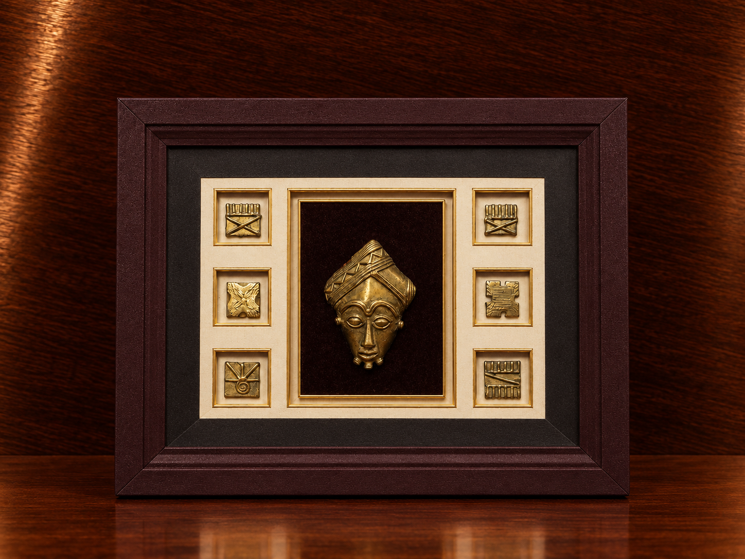 Bronze traditional West African art display featuring Baule maskette and geometric accents framed beautifully in a deep shadow box. 📐32cm